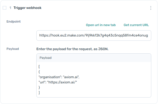 The Trigger webhook step configured with a Make endpoint and payload
