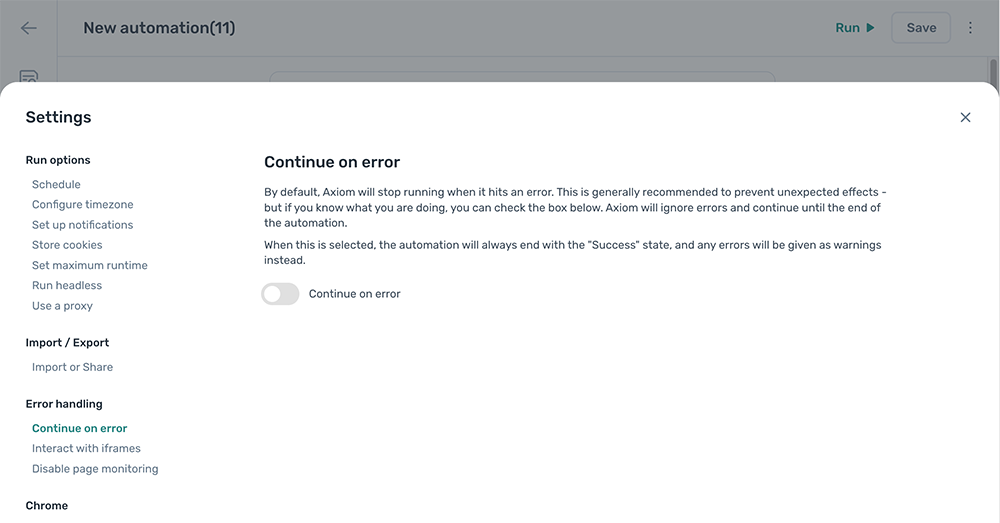 The Continue on error setting in the axiom.ai Builder