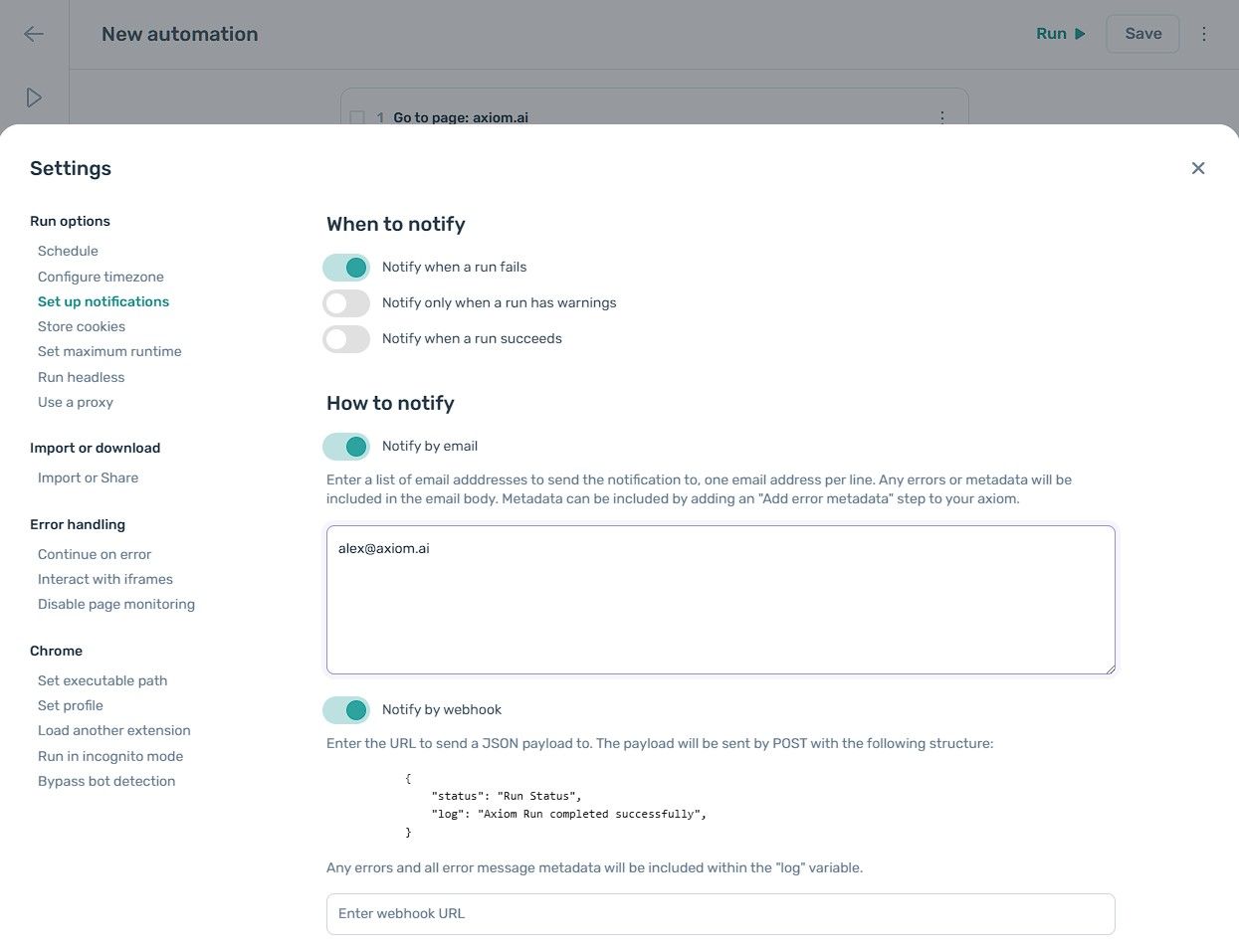 The notifications settings panel in the axiom.ai Builder