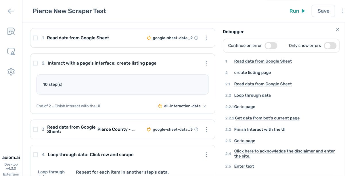 The axiom.ai debugger highlighting a step with an issue