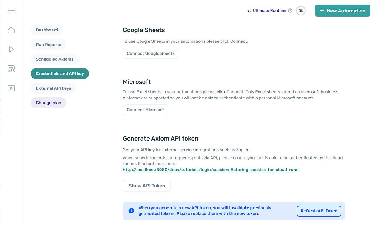 The Credentials and API key screen in axiom.ai with the Connect Microsoft button highlighted