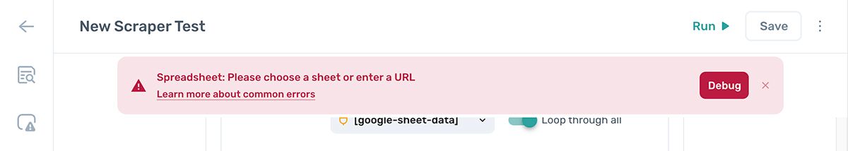An error message displayed inline in the axiom.ai Builder
