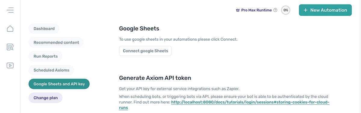 The Google Sheets and API key screen in the axiom.ai dashboard with the Connect button highlighted