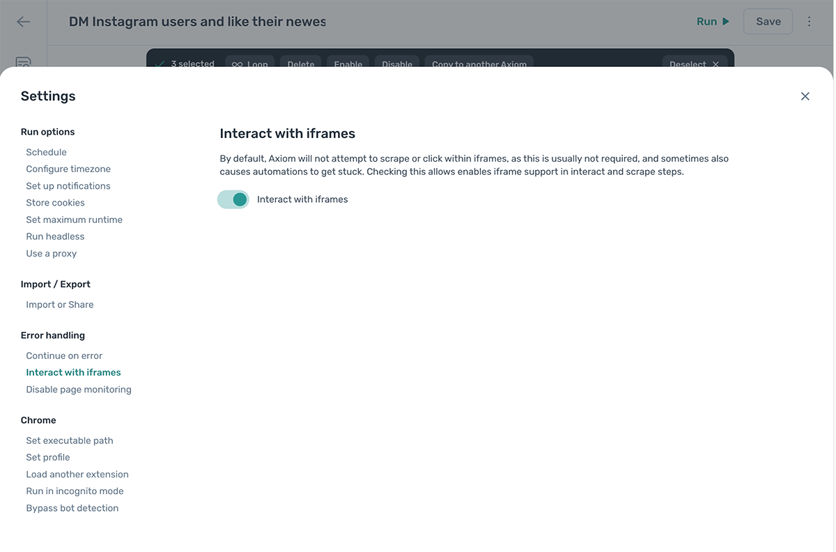 The iframe support setting in the error handling panel