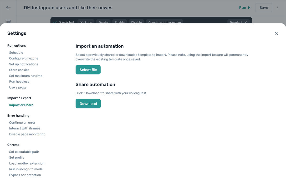 The import and export settings panel