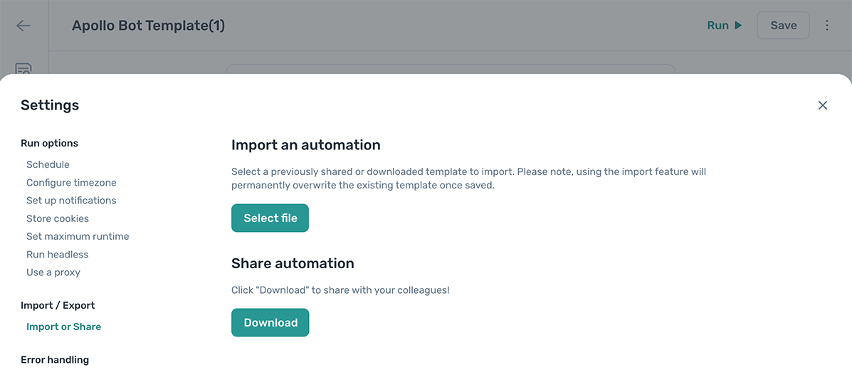 The Share automation panel in the axiom.ai Builder settings