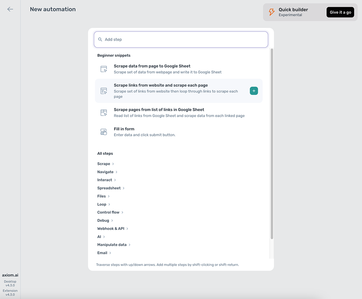 The step finder in the axiom.ai Builder
