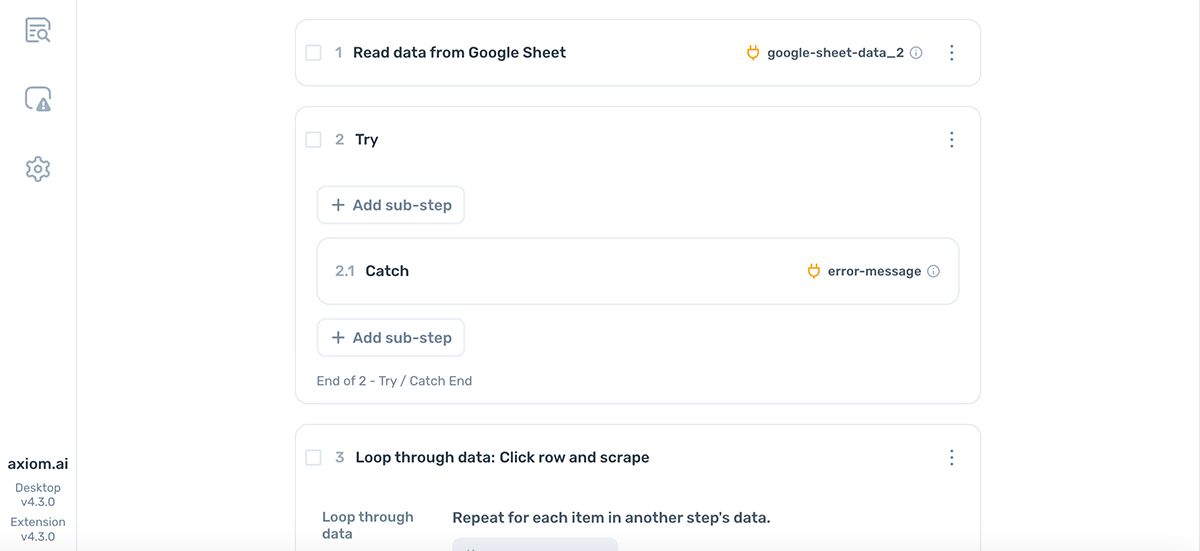 The Try / Catch step shown in the axiom.ai Builder with steps in both branches