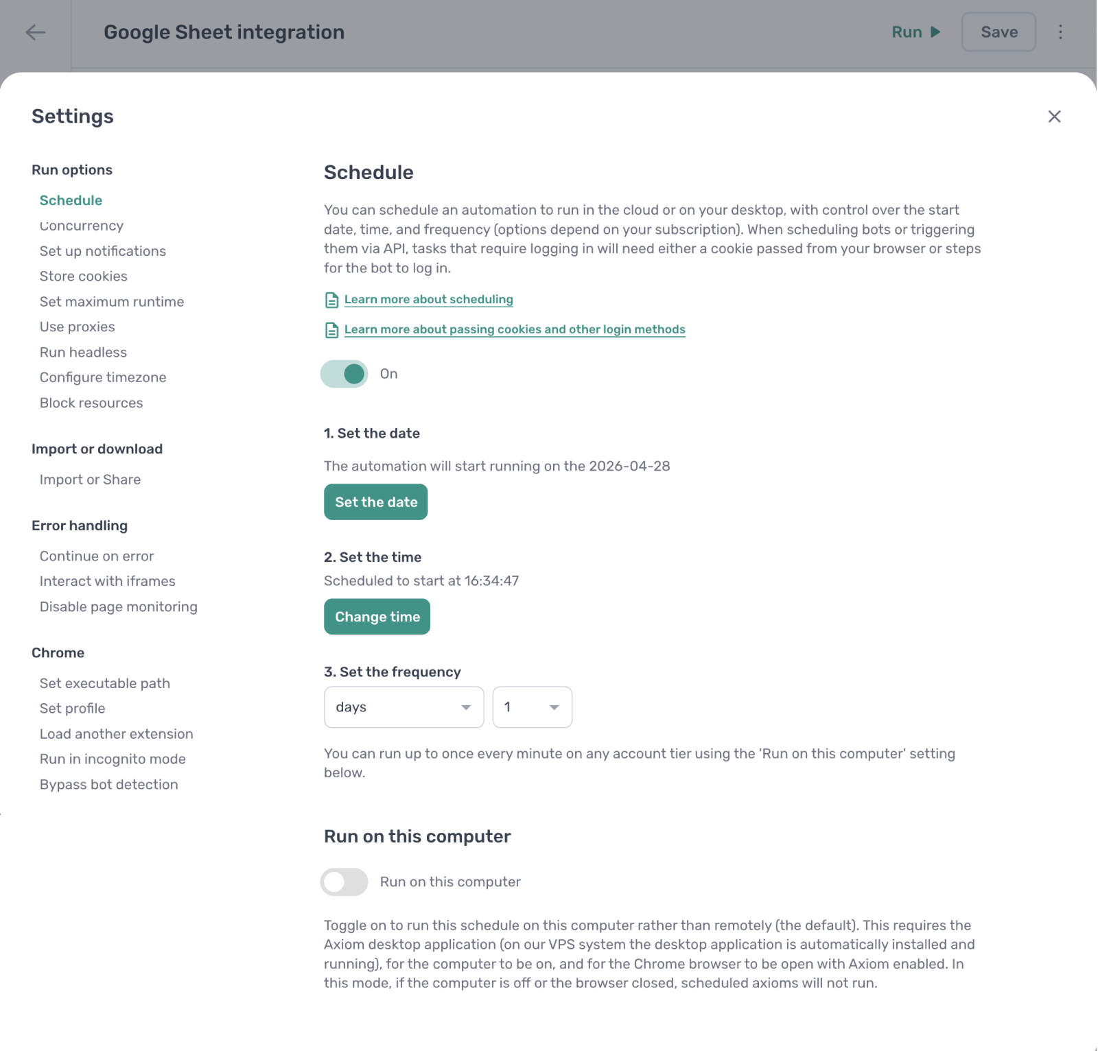 The run options settings panel