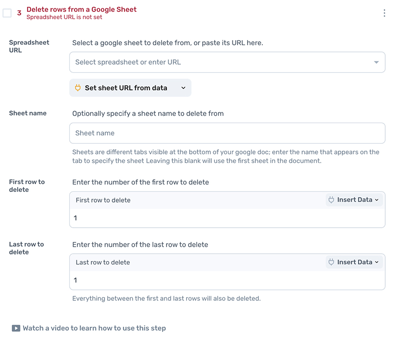 axiom.ai delete rows from google sheet step