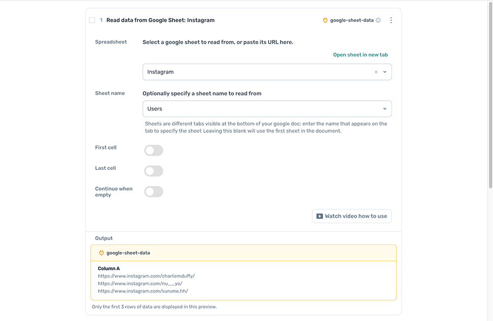 Read data from a Google Sheet to automate Instagram