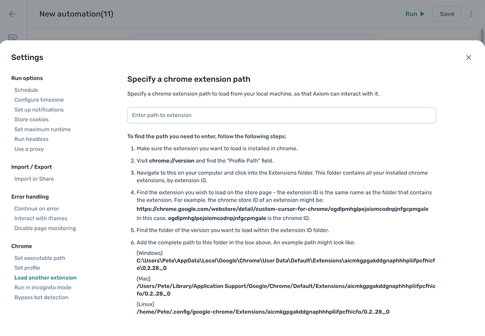 load other extensions - axiom.ai settings menu
